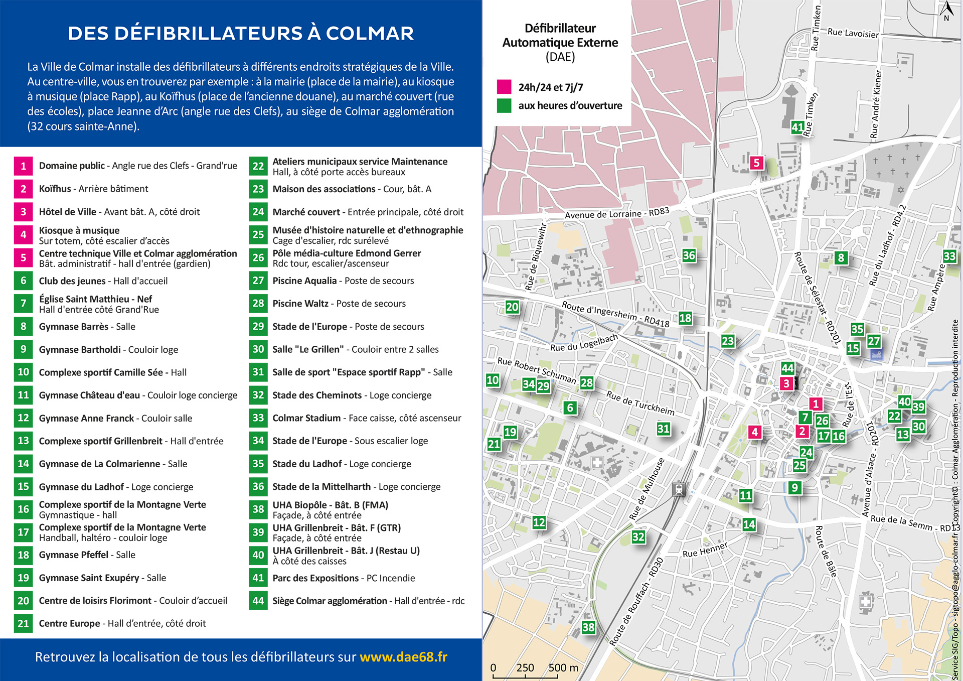 Plan des défibrillateur automatique externe (DAE) à Colmar