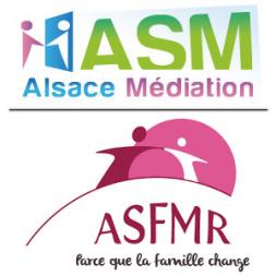 Logos des associations Alsace médiation (ASM) et Association syndicale des familles monoparentales et recomposées (ASFMR68)