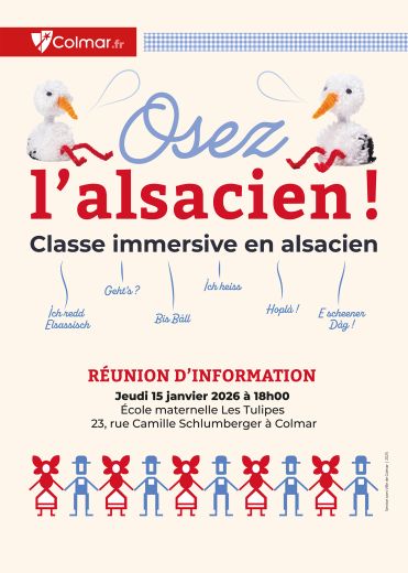 Affiche pour le réunion d'information de janvier 2026 pour la classe immersive en alsacien de Colmar